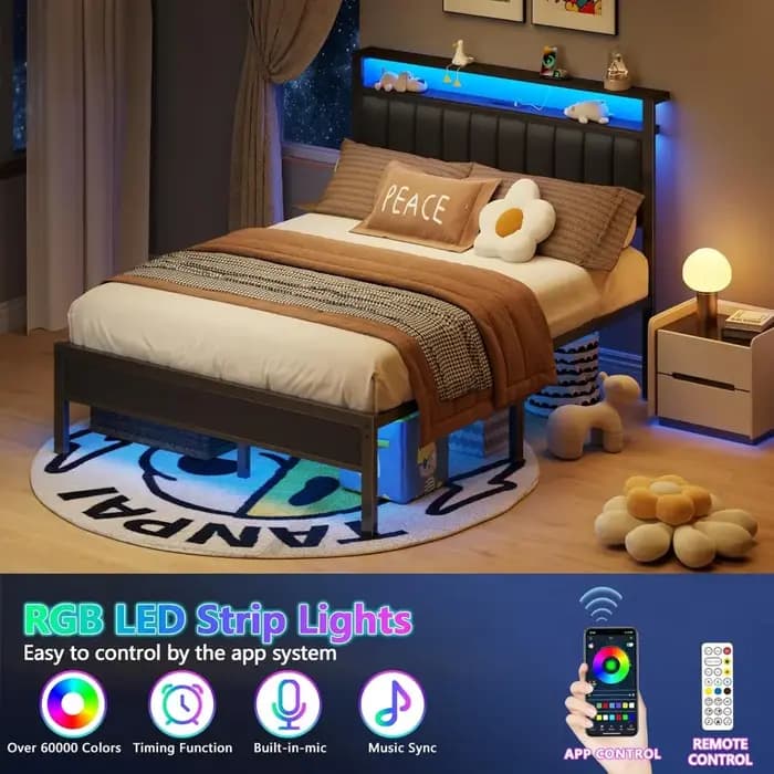 Cadre de lit avec station de charge et éclairage LED, lit plateforme avec lattes métalliques, rembou