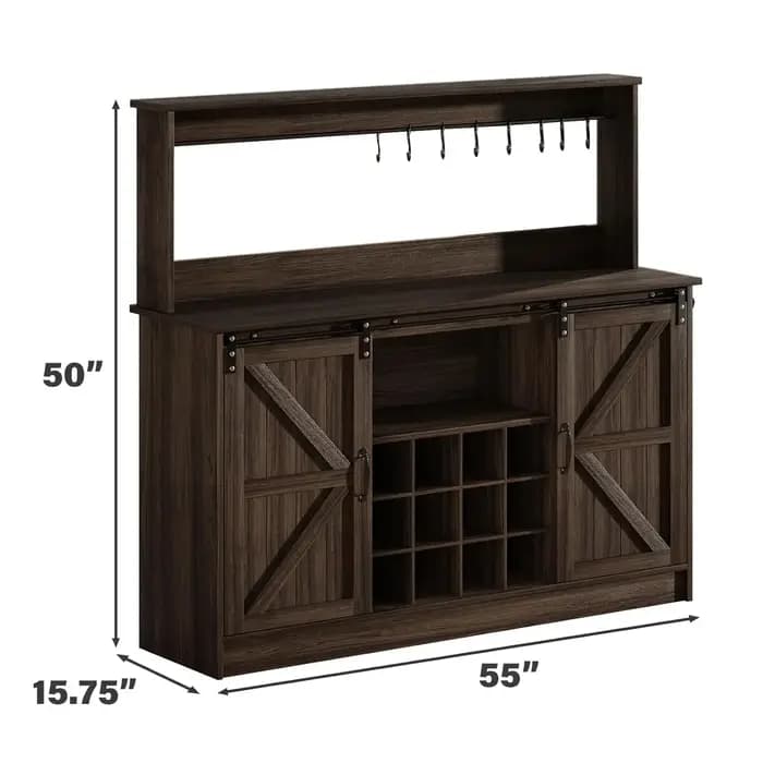 Meuble de bar à café style farmhouse de 55 pouces avec 8 crochets, armoire de cuisine avec rangement