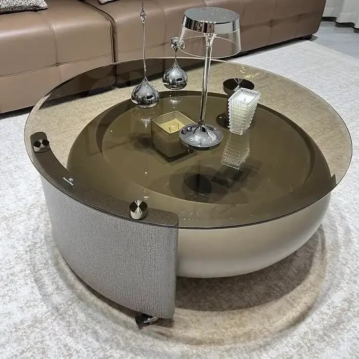 Table basse mobile sur roulettes en verre