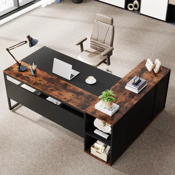 Tribesigns-Bureau de direction avec étagères, bureau en forme de L, rangement pour armoire, 71 po