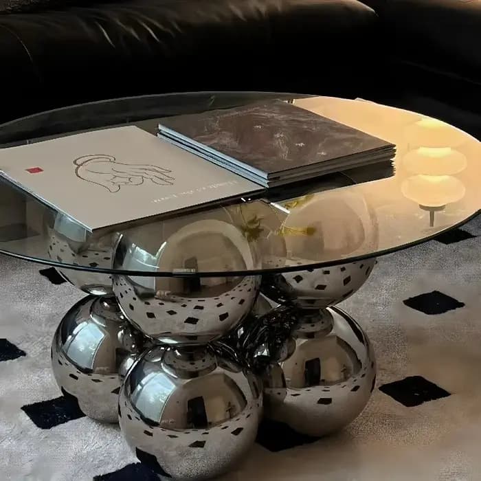 Table basse moderne à plateau en verre avec base sphérique en métal, table centrale ronde de luxe po