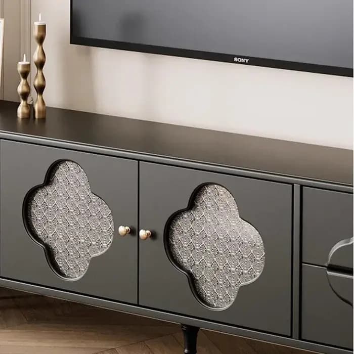 Meuble TV design noir brillant avec poignées et pieds