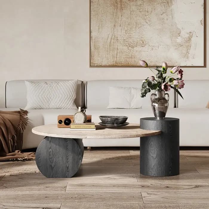 Table d'appoint italienne en pierre, style nordique, travertin naturel, Table basse Unique en bois,