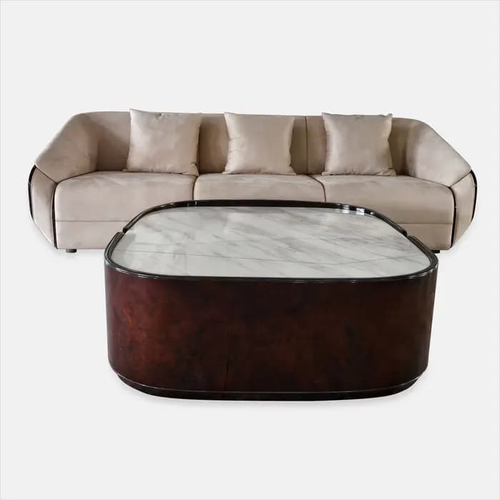 Table basse en marbre avec cadre en placage de champignon de noyer