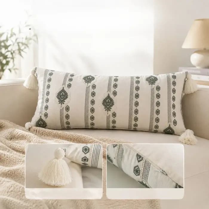 Housse de coussin bohème vert sauge et crème