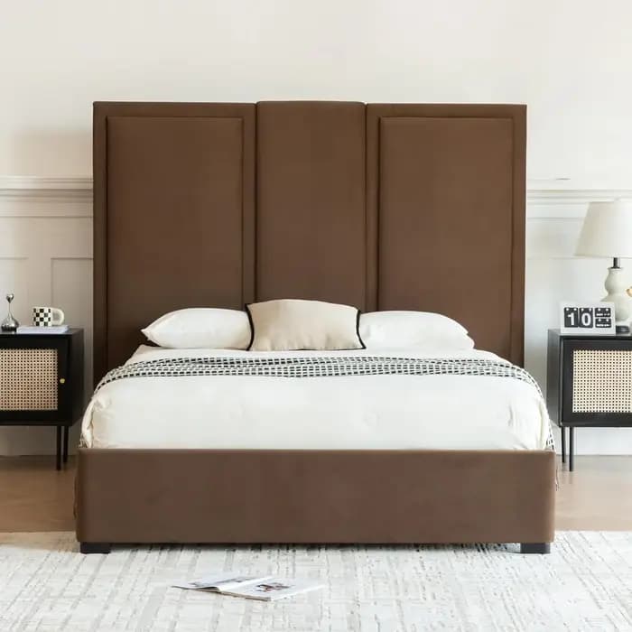 Lit plateforme rembourré Queen Size avec tête de lit haute de 64 pouces, tiroirs de rangement, suppo