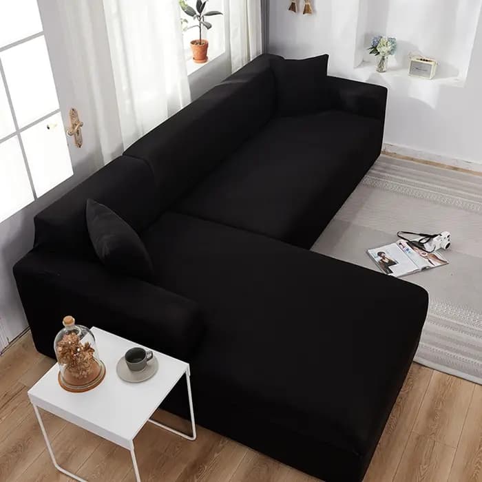 Housse de canapé d'angle élastique de couleur unie noire pour salon 2 3 4 places Chaise Longue