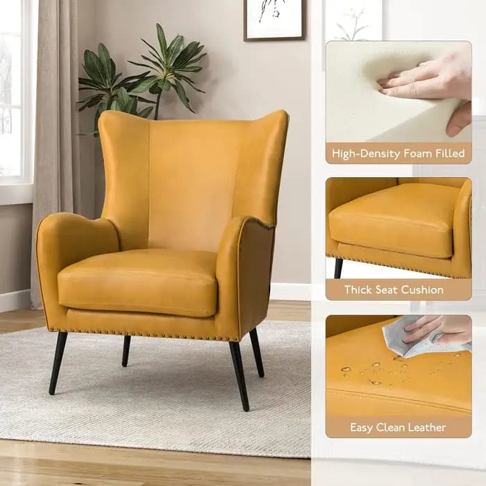 Fauteuil d'appoint en similicuir avec coussin amovible, fauteuil rembourré confortable avec pieds en