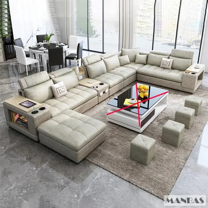 Ensemble de canapé sectionnel moderne en forme de U avec tabourets, canapé en tissu avec console de