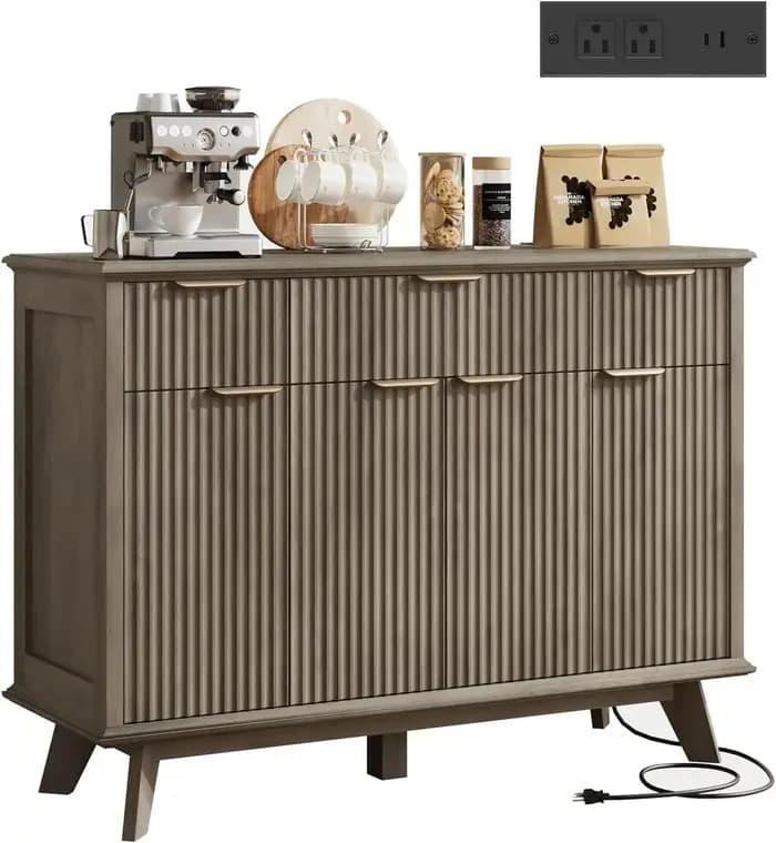 Buffet latéral cannelé QUW avec station de charge, armoire de rangement de cuisine de 47,2 pouces av