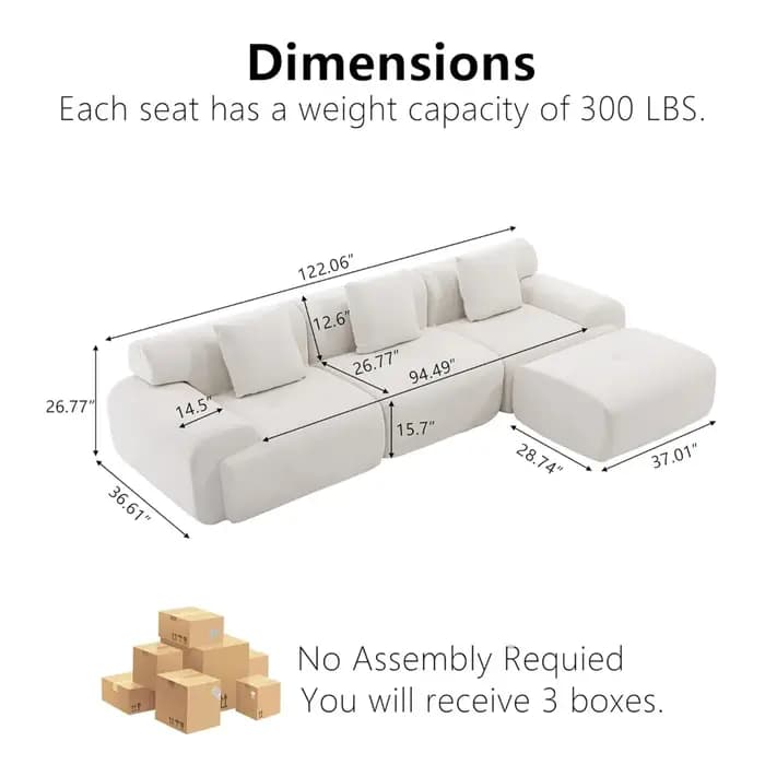 Canapé modulaire sans structure avec ottoman, canapé nuage en velours côtelé de 122 pouces pour salo