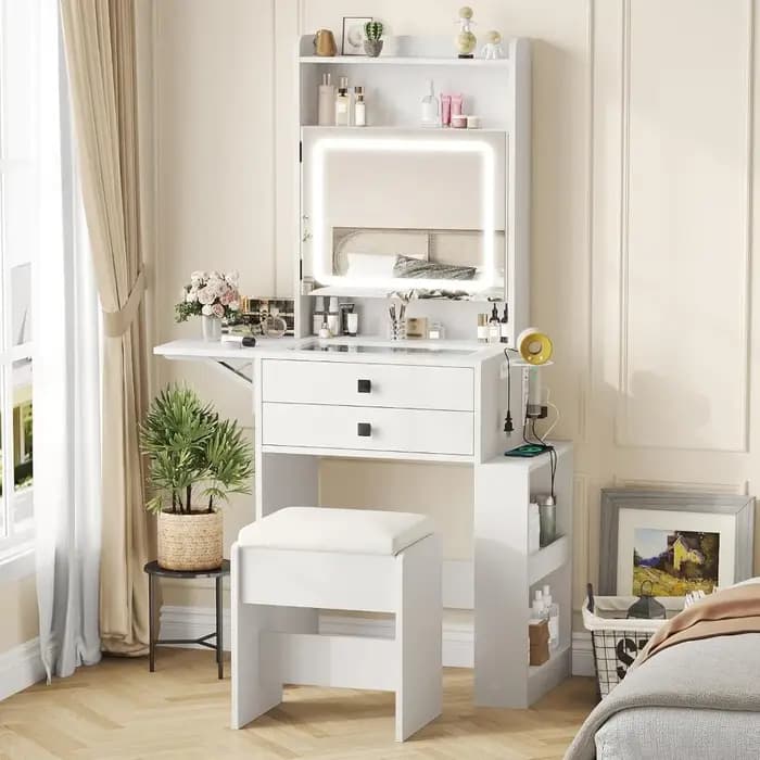Petit bureau de maquillage avec miroir éclairé réglable à 3 niveaux, ensemble de coiffeuse blanc ave