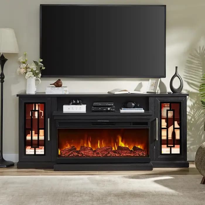 Meuble TV électrique LED 75 pouces avec foyer, console haute, verre 3 faces, flamme réglable, centre