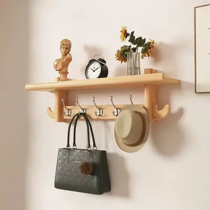 Porte-manteau mural en bois massif, organisateur d'entrée rustique avec étagère et crochets, Solutio