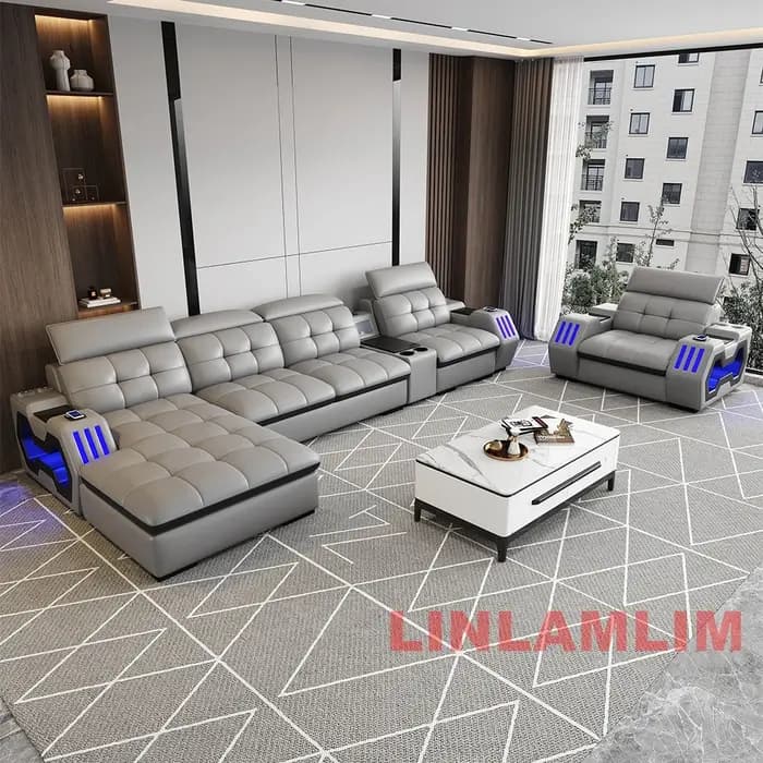 Canapé d'angle moderne en cuir véritable italien avec LED, inclinable électriquement et fonction mas