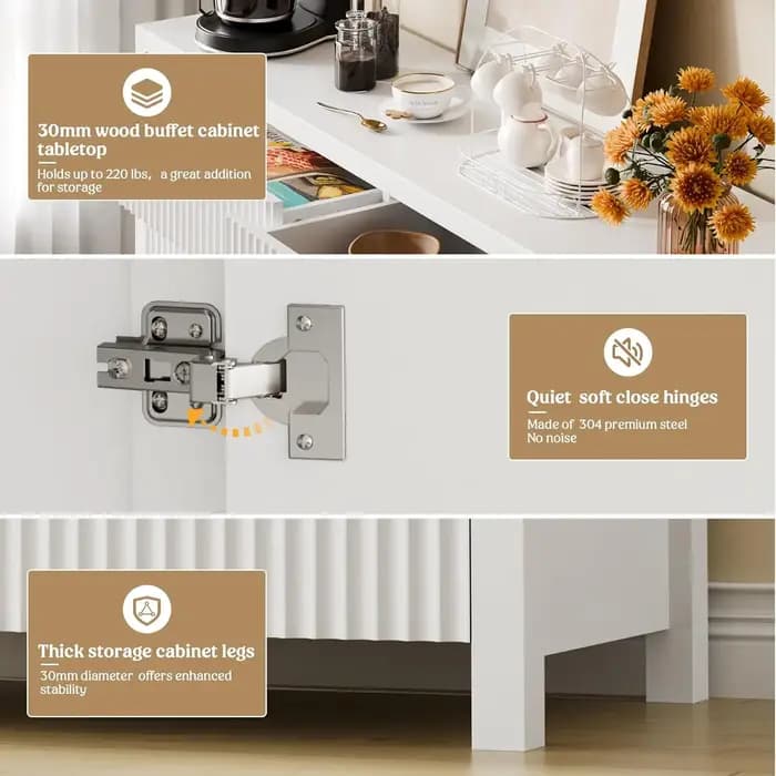 Buffet blanc cannelé avec rangement, 55 pouces, grand meuble de rangement en bois avec étagères régl
