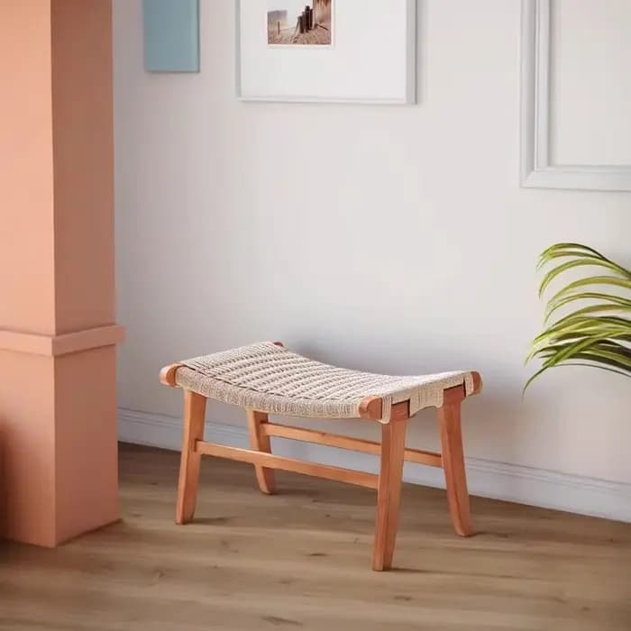 Tabouret bas tissé en bois massif fabriqué à la main