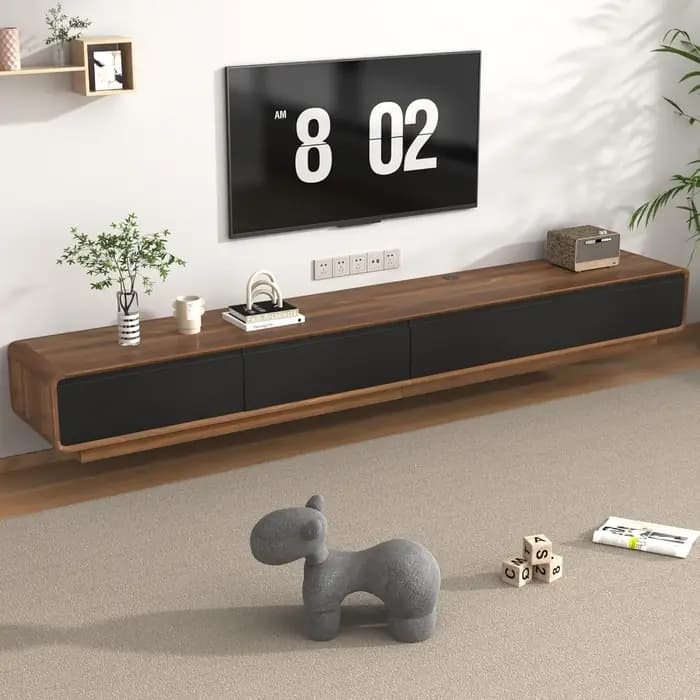 Meuble TV flottant 94,5 pouces, console multimédia avec 2 tiroirs, fixation murale, pour salon, en n