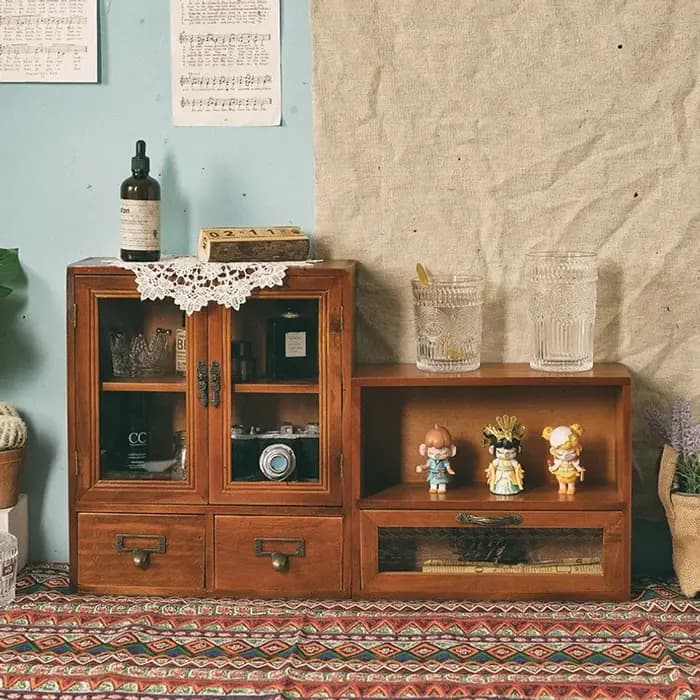 Armoire de présentation à double porte en bois massif de style nordique rétro, armoire de rangement pour cosmétiques, boîte de rangement de bureau avec tiroirs