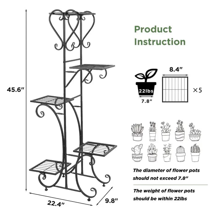 Étagère Plante Intérieure, Porte Plantes Fer Forgé Extérieur Intérieur de 5 Niveaux Support Pot de F
