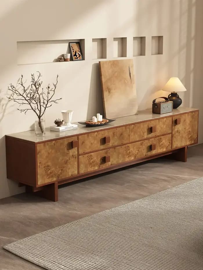 Meuble TV en bois massif HT wabi-sandy wind pour salon, avec rangement en forme de nuage tourbillonnant et motif d'arbre