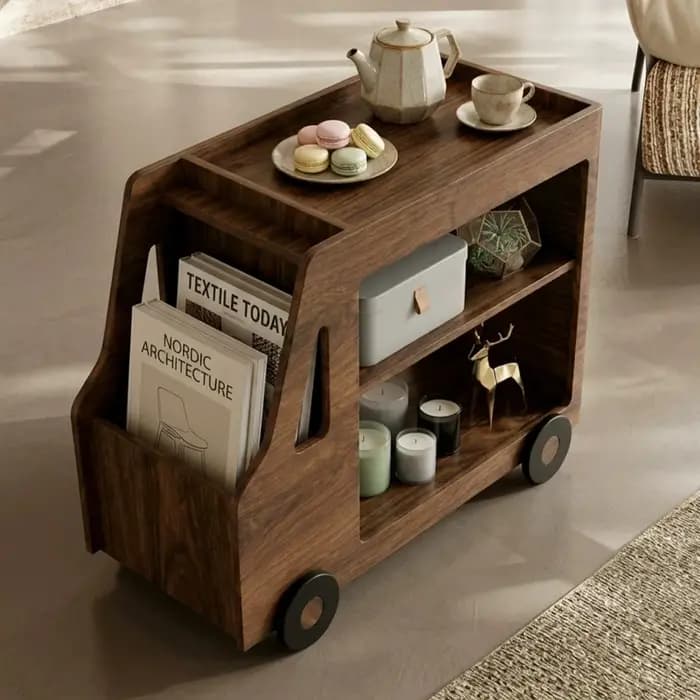 Table basse vintage avec rangement sur roulettes