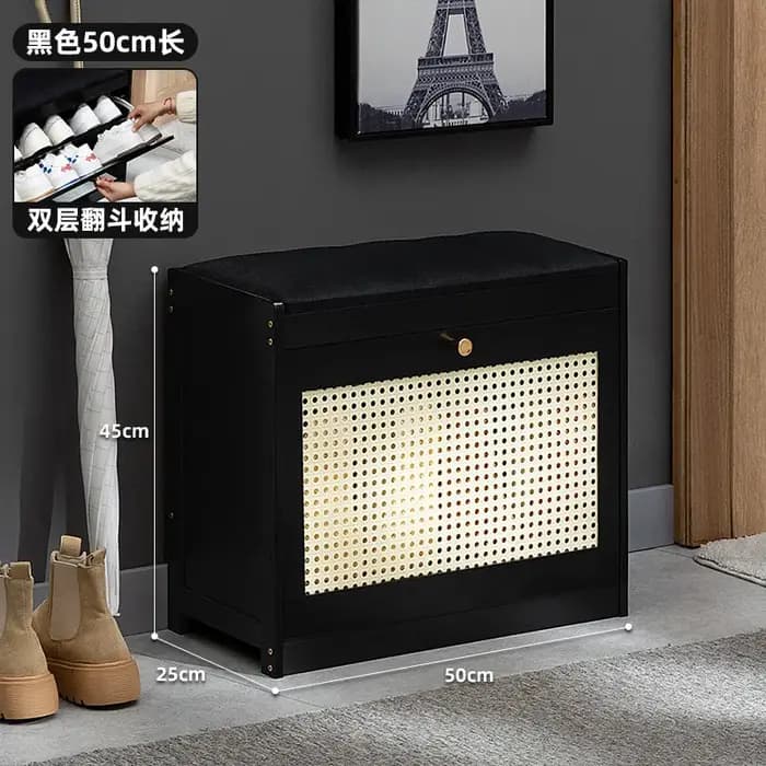 Banc d'entrée en bambou naturel avec coussin et rangement basculant pour chaussures
