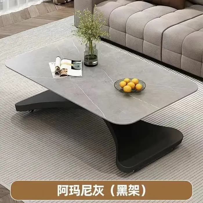 Table basse relevable et table à manger à double usage, multifonctionnelle, pour petit appartement, avec plateau en pierre intégré.