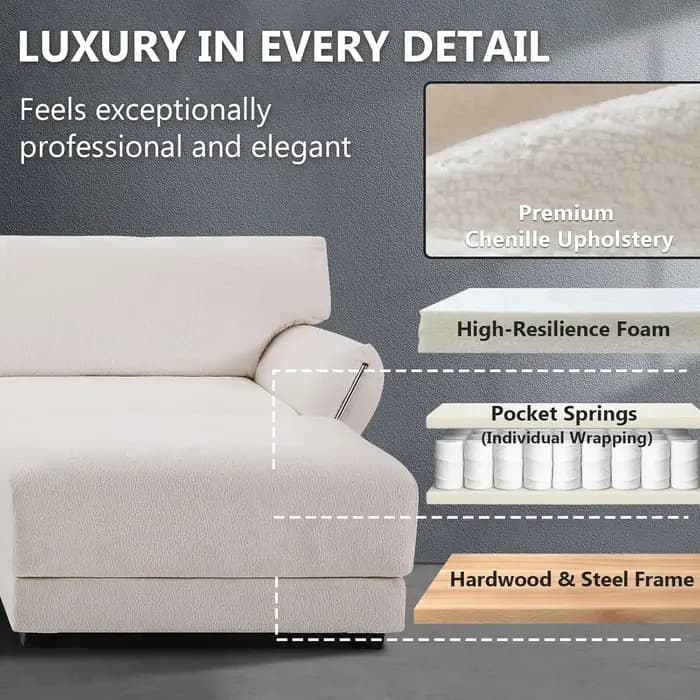Canapé d'angle en chenille avec USB Type-C, 4 places, ottoman, bureau, personnalisable