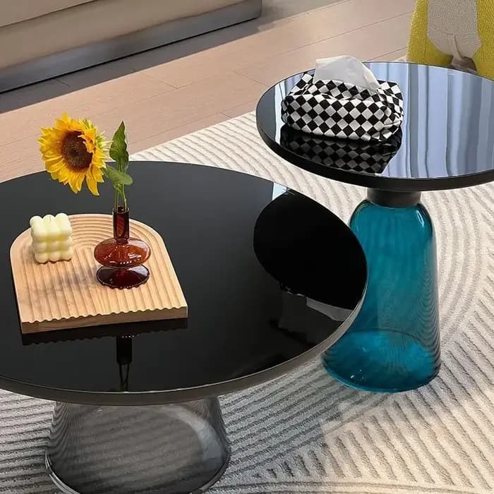 Table Basse Transparente en Verre Coloré pour Salon, Ronde, Haut de Gamme