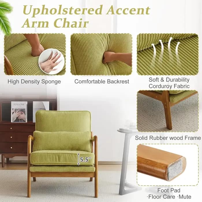 Fauteuil d'appoint en velours côtelé premium amélioré, fauteuil rembourré, chaise de lecture confort