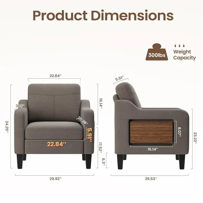 Fauteuil d'appoint pour salon, fauteuil moderne en lin rembourré, canapé en tissu avec table pliable