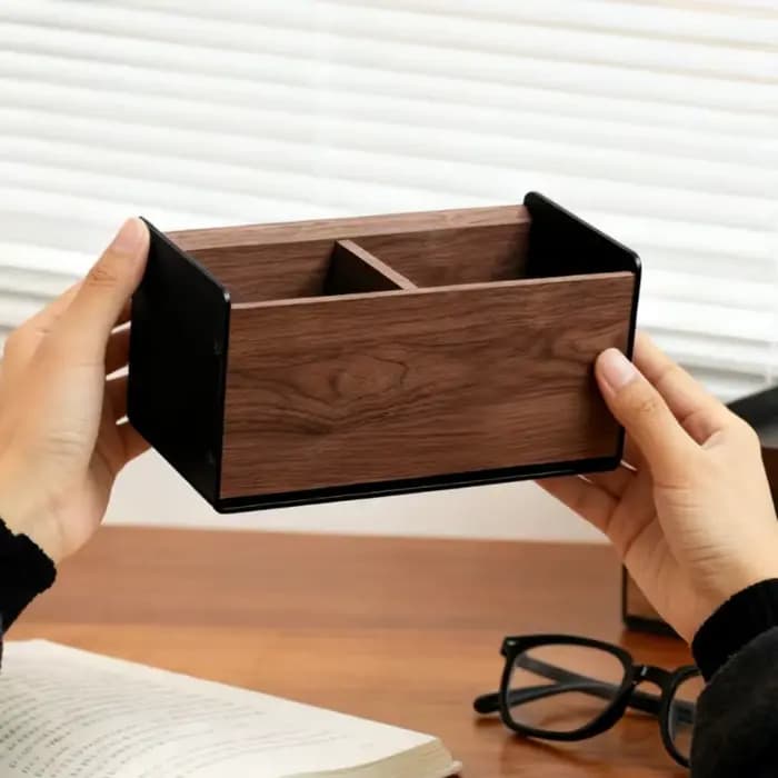 Organisateur de bureau en bois massif noyer avec supports en alliage d'aluminium – Rangement pratique pour fournitures