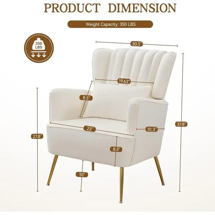 Fauteuil à oreilles blanc moderne du milieu du siècle, avec oreiller et pieds dorés, coussin de 8.5