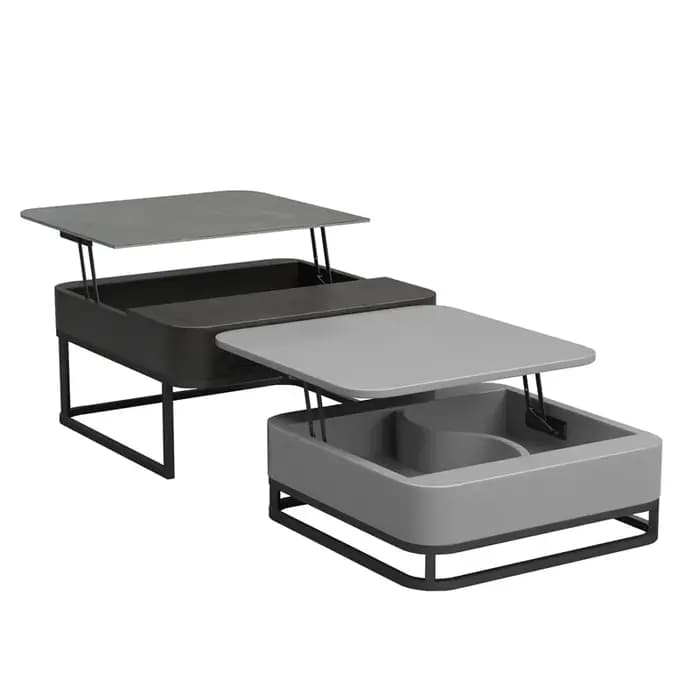 Table basse carrée moderne grise avec tiroir gigogne, rangement, bureau, salon