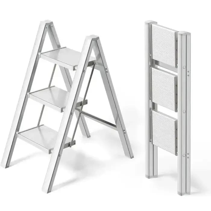 Escabeau Pliant en Aluminium avec Large Pédale Antidérapante, Escabeau Portable, observateur, Argent