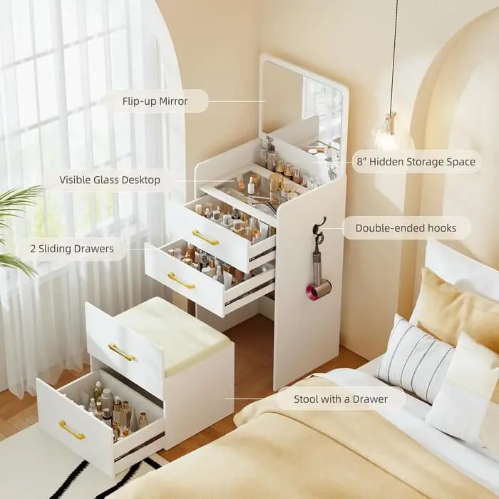 Coiffeuse 3 en 1 avec miroir rabattable pour chambre à coucher, petite coiffeuse compacte avec plate