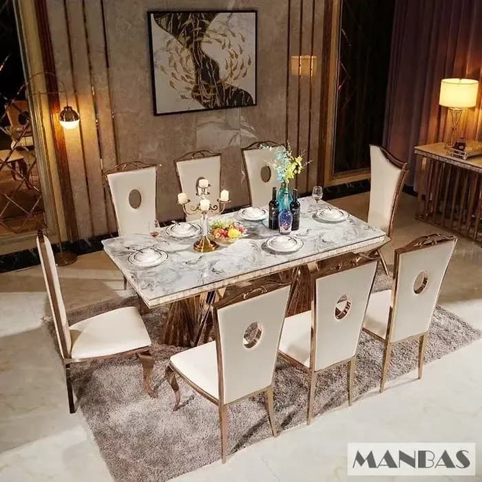 Linlimlam – ensemble de salle à manger de luxe: 6 chaises en cuir véritable en acier inoxydable et Table rectangulaire