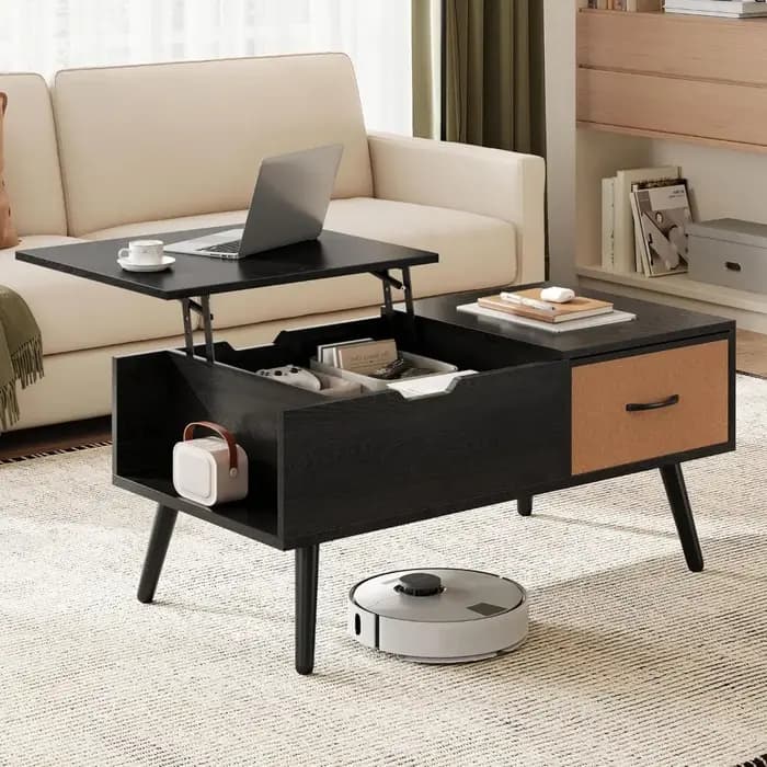 Table basse relevable pour salon, petites tables centrales en bois avec grand rangement