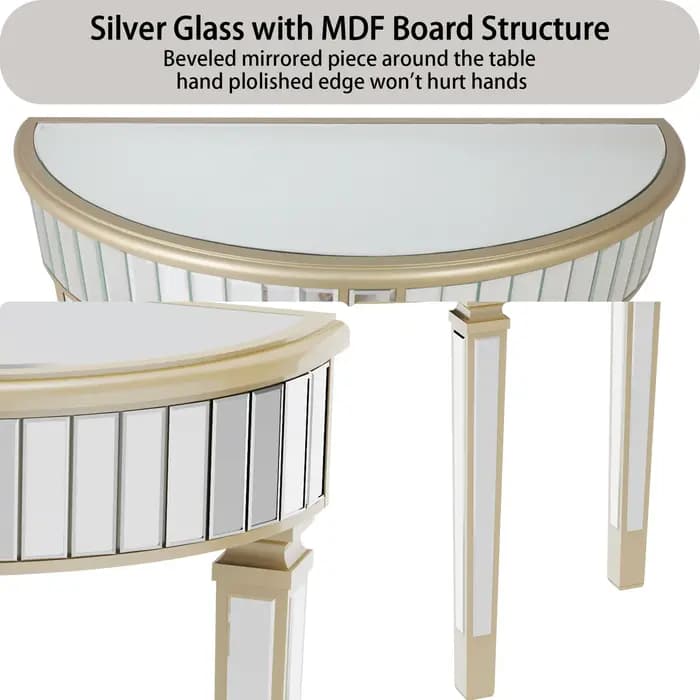 Table console miroir demi-lune pour entrée et salon, coiffeuse de maquillage pour couloir argenté, m