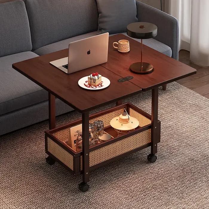 Table basse Mobile pliante en rotin sur roulettes