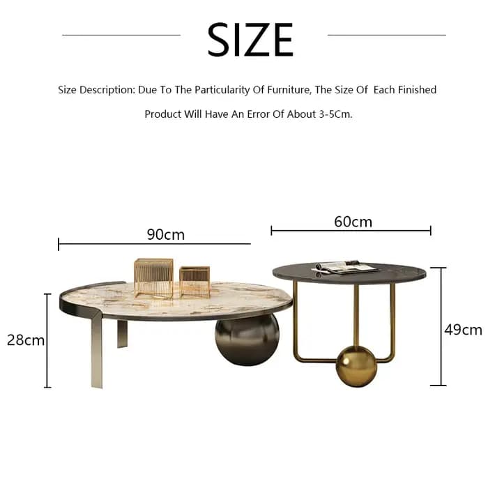 Table basse moderne en acier inoxydable avec pierre ronde