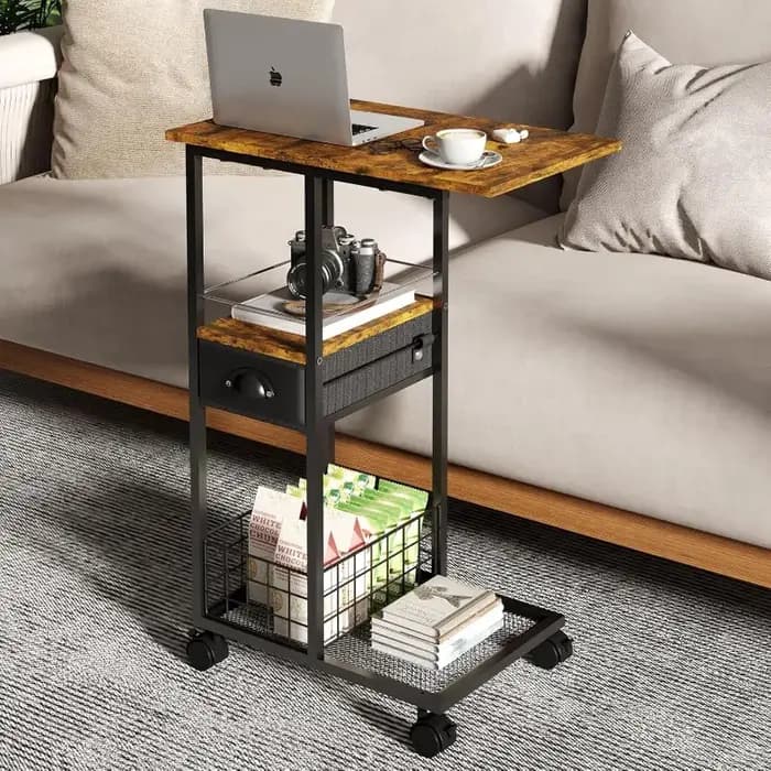 Table d'appoint moderne Vintage roulante, Table d'appoint compacte multifonctionnelle en forme de C