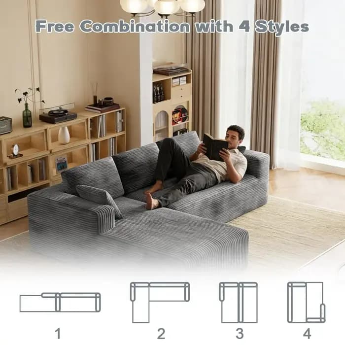 Canapé sectionnel en velours côtelé, canapé en L sans structure avec assise profonde, canapé en mous