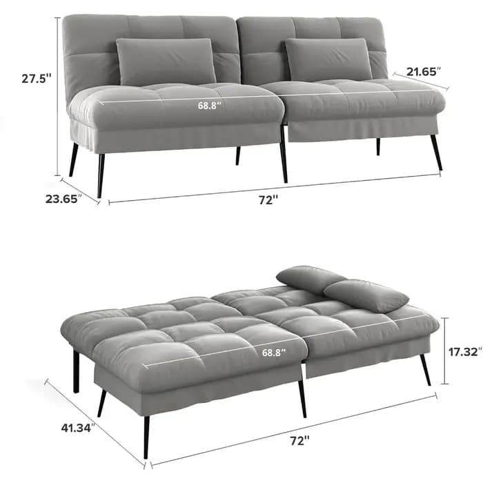 Canapé-lit convertible, canapé futon en tissu de 72 pouces avec dossier réglable, fauteuil inclinabl
