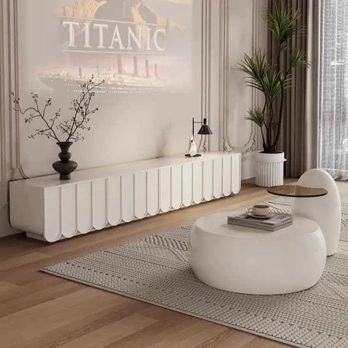 Meuble TV blanc brillant en bois massif