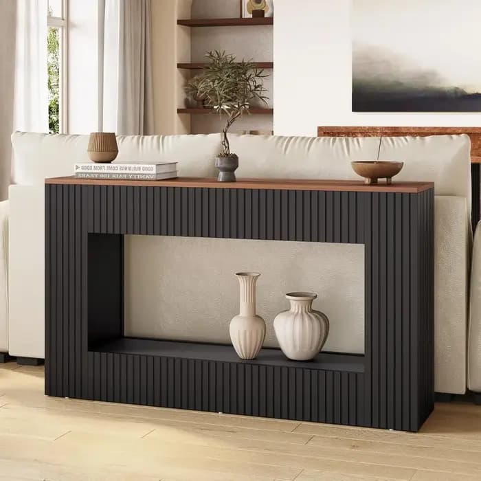 Table console noire pour entrée, table de canapé de ferme longue et étroite de 55 pouces avec rangem