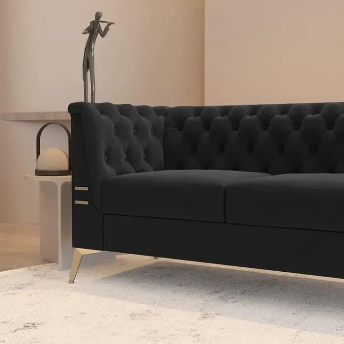 Canapé Chesterfield en velours 3 places capitonné avec pieds en métal doré Salon rembourré confortab