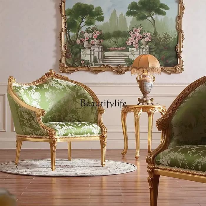 * Canapé français rétro en bois massif sculpté de fleurs, chaise de loisirs en tissu pour villa euro