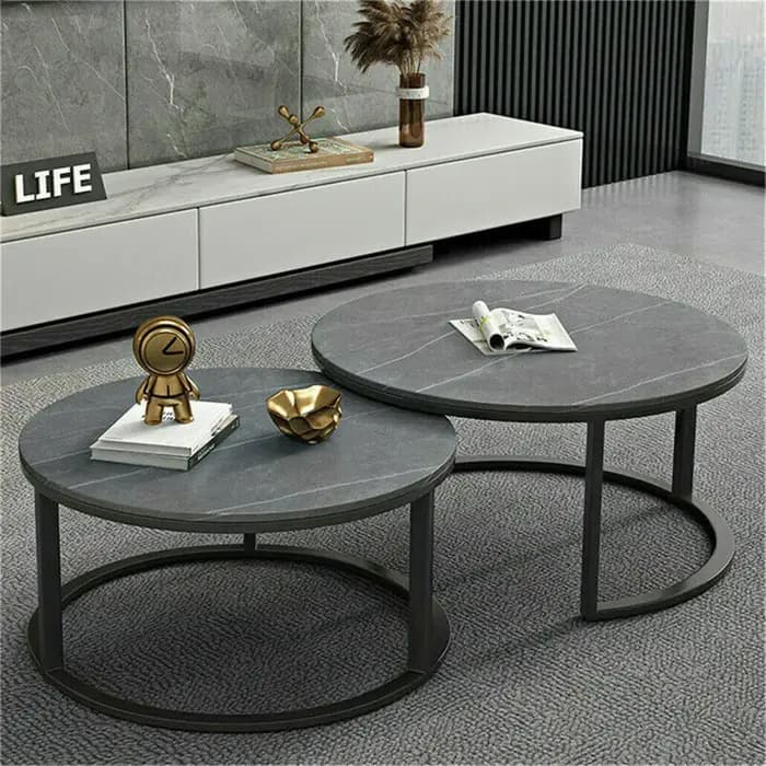 Ensemble de table basse en marbre gris rond nidification moderne, table en pierre frittée, pieds en